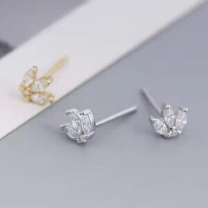 Tri Marquise Zircon Stud Earrings in Gold & Silver. 925 Sterling Silver. #1038